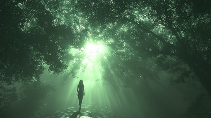Enigmatic Woman Walking in a Mystical Green Forest