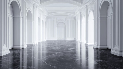 Obraz premium empty white wall room hall interior with dark marble floor 3d render illustration with natural cold day lighting
