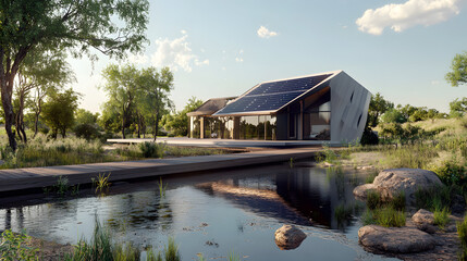 Obraz premium Contemporary smart home with solar power system and energy storage, focusing on sustainability and reducing environmental impact.