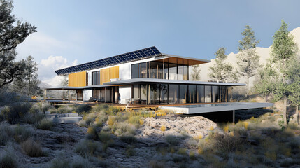 Contemporary smart home with solar power system and energy storage, focusing on sustainability and reducing environmental impact.