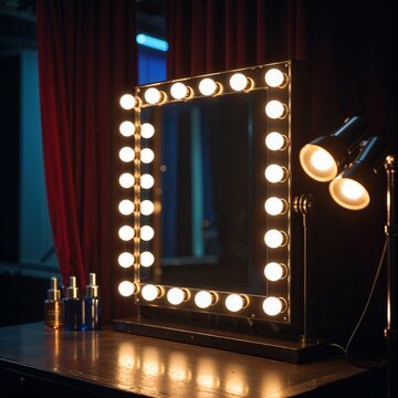 Classic Hollywood vanity mirror with bright lights in a theatrical backstage setting