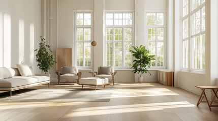 Fototapeta premium empty white cozy living loft room with bright style laminate wooden floor 3d render illustration