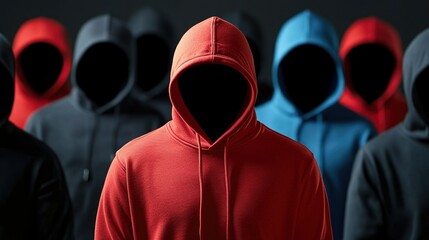 Striking contrast of a man in red hoodie amidst a crowd of dark hoodies