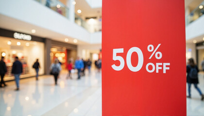 Prominent discount banner displaying 50% off in shopping mall, retail shopping