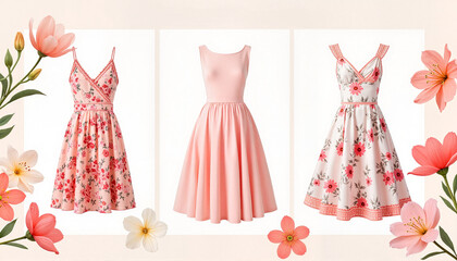 Elegant spring dresses in soft pastels and floral patterns, fashion sale