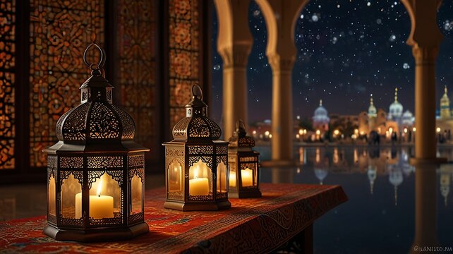 Close-up of illuminated lantern on table against Islamic mosque lantern Muslim Ramadan background wallpaper 