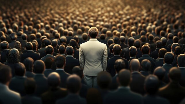 Solitary figure in white suit stands out in crowd of business professionals