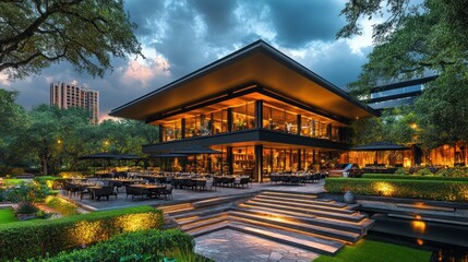 Obraz premium Modern restaurant, city dusk, outdoor dining, landscaped patio
