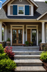 Fototapeta premium Elegant Home Exterior: Stone Steps, Landscaping, and Classic Design. A dream house with a welcoming porch and beautiful landscaping. Perfect for real estate listings and home design inspiration.