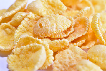 Cornflakes, delicious breakfast. Close-up of cereal.