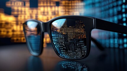 Black glasses reflect circuit patterns and digital data in tech space