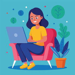 a girl is using his laptop vector