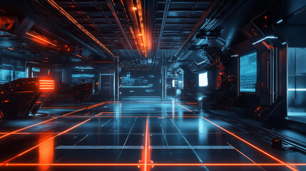 futuristic laboratory hall space station floor with laser lighting 3d render illustration