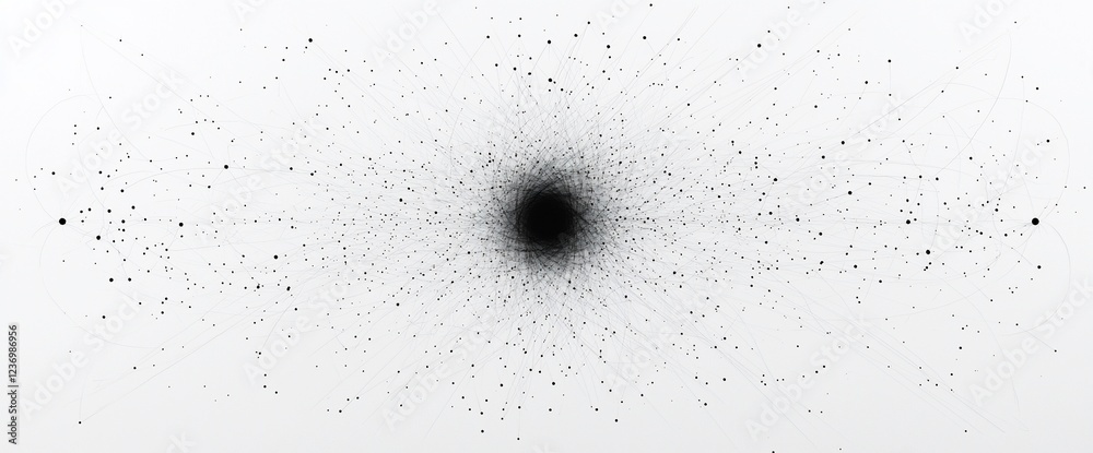 Poster abstract black particles radiating from a central point on white background.