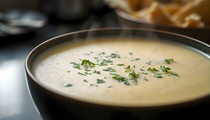 a close up of a bowl of soup on a table