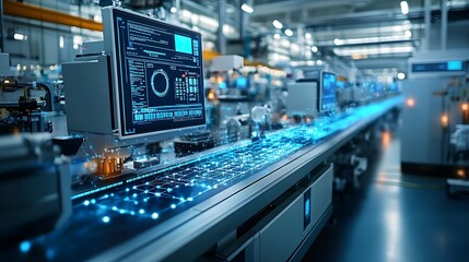 Smart factory automation system with digital overlay on a conveyor belt.