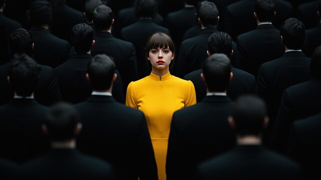 Young woman in yellow dress stands out in crowd of black-suited figures