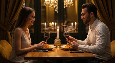 A couple enjoys a romantic dinner at a chic, candlelit restaurant