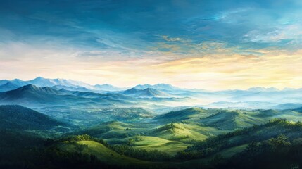 Obraz premium Ethereal landscape painting of soft hills and gentle skies serene environment calming hues gigapixel quality