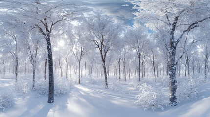 Obraz premium Trees in a snowy landscape 360 panorama vr environment map. 3D Illustration