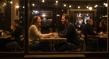 Obraz premium The couple sits at a small table in a cafe by the window, sipping coffee and having a warm, soulful conversation.