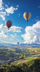 Naklejka premium Whimsical hot air balloon festival rolling hills gigapixel artwork colorful landscape aerial view imaginative experience