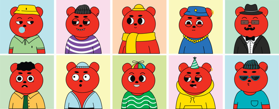 Collection of nft bears in various clothes and emotions, isolated on white background. Vector illustration set of bears.