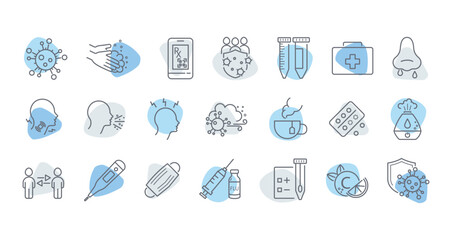 Asthma line icons set. Respiratory diseases, lungs, bronchi, spirometer, inhaler, allergens, x-ray, chest cavity, nibulizer, asthma attack vector