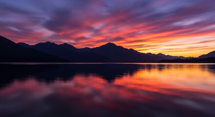 Naklejka premium Fiery Sunset Over Mountain Lake Landscape Reflection