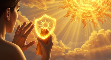 Fototapeta premium An artistic, surreal scene where sunscreen forms a glowing golden shield that blocks intense UV rays
