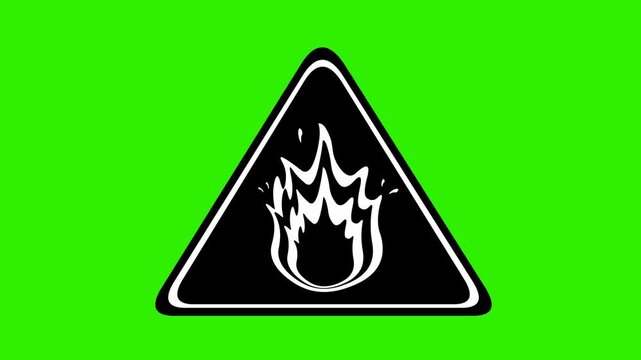 video animation black and white icon signaling triangular base, warning of fire flame or flammable product, on a green chroma key background