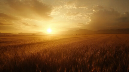Wide-Angle View of a Wheat Field Under a Golden Sunset, Showcasing the Vastness of Crop Production on a Large-Scale Farm