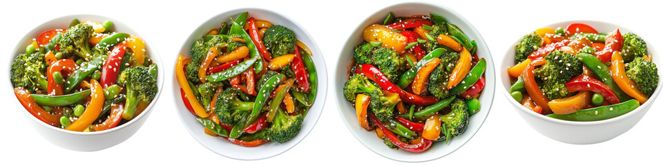 Set of a vegetable stir-fry with broccoli, bell peppers, and snap peas in a glossy sauce, served in a white bowl isolated on transparent background