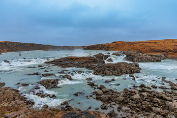 Urridafoss waterfall with cascades in the national park in the west of Iceland