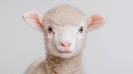 Fototapeta premium Cute lamb portrait, spring farm, soft background, Easter