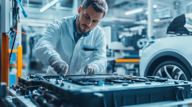 An automotive engineer testing electric vehicle batteries in a laboratory, with battery cells and testing equipment visible, Battery testing lab scene
