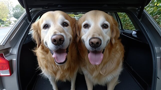 Two golden retrievers with cheerful expressions peek out of an open car trunk, ready for an adventure in the great outdoors.