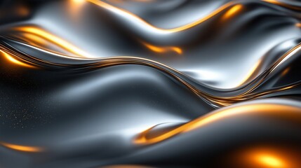 Obraz premium Abstract dark metallic waves with gold reflections. Fluid texture background with copy space. Innovative and luxury concept.