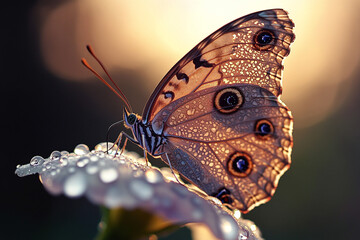 Fototapeta premium Butterfly resting on a flower petal adorned with dewdrops at sunrise
