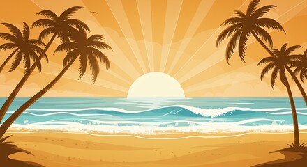 Obraz premium Stunning Sunset Beach Scene with Palm Trees Ocean Waves