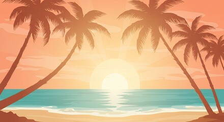 Obraz premium Sunset Beach Scene with Palm Trees Peaceful Tropical Wallpaper