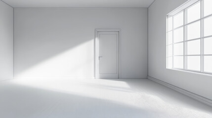 Fototapeta premium 360 degree panorama of a white, empty room with a single door vr environment map. 3D Illustration