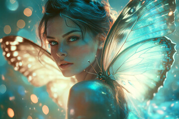 Enchanting woman with butterfly wings illuminated by mystical light in a vibrant setting