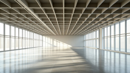 360 degree panorama of an empty room with a grid ceiling vr environment map. 3D Illustration