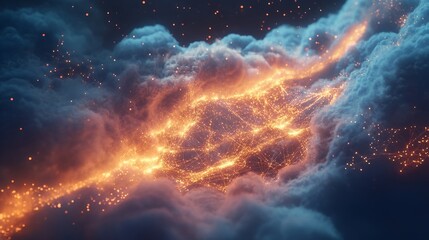 Abstract Digital Network Glowing Orange Lines and Nodes in Dark Blue Clouds Futuristic Technology