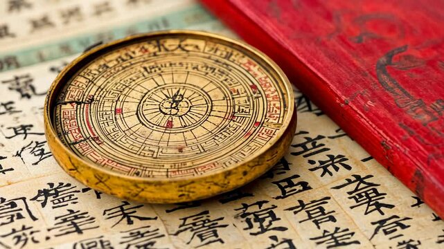 Ancient Chinese compass alongside traditional texts showcasing rich cultural heritage and navigation techniques