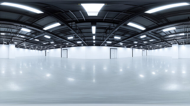 360 degree panorama of a modern, empty industrial space with white walls and black ceiling panels vr environment map. 3D Illustration