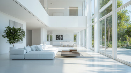 Fototapeta premium Modern white interior architecture with open space and natural light 3d render illustration. 3D Illustration