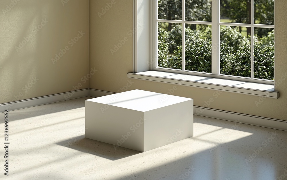 Aufkleber White cube display on light floor near window.
