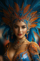 Photo portrait de femme vêtue d’un costume de samba détaillé avec sequins, perles et plumes vives, carnaval de rio, brésil, festival, fête, célébration